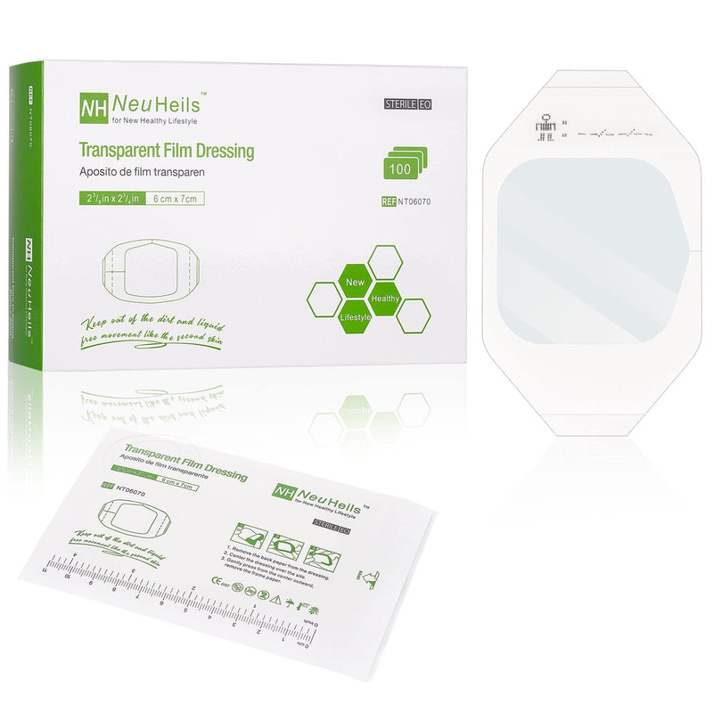 Transparent Film Dressing 2 3/8'' x 2 3/4'', 100 Pack, Waterproof Wound Cover Bandage, Clear IV Catheter Tape, Adhesive Patch, Shower Shield by NeuHeils 2 3/8'' x 2 3/4'' - BeesActive Australia