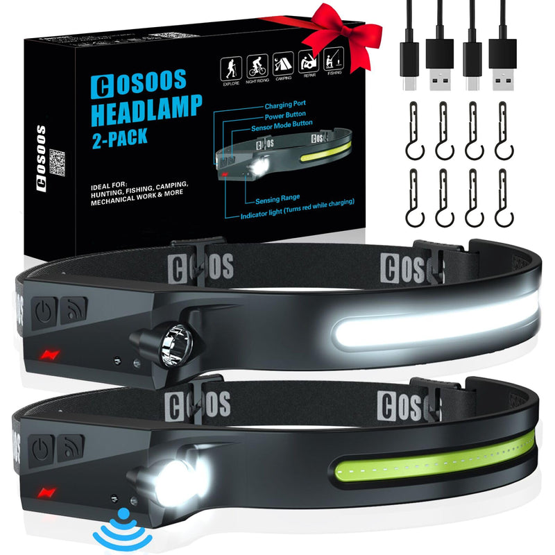 COSOOS Original 2 Rechargeable Headlamps, Bright LED Headlamp Flashlight 1000 Lumen, 230 ° Wide Beam & Spot Light, Motion Sensor, 2.4 oz Head Lamp with Clips for Hardhat, Camping, Hiking Black