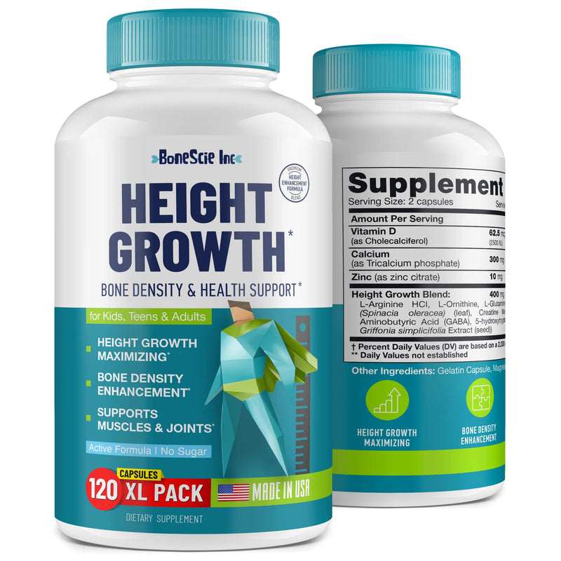 Height Growth Maximizer - Kids & Teens Height Growth Support Supplement – Bone Development Formula with Calcium, Vitamin D3 & Zinc – Daily Nutrition Support Capsules for Development Routine 120 Count