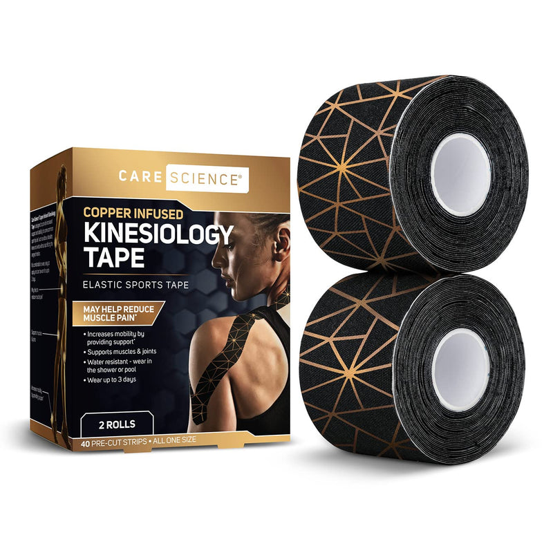 Care Science Waterproof Kinesiology Tape, 40 ct Precut Strips (2 Rolls), Copper Infused | Water Resistant Strips, Elastic Athletic Tape for Sports & Weightlifting, Muscle Strain Relief & Joint Support - BeesActive Australia