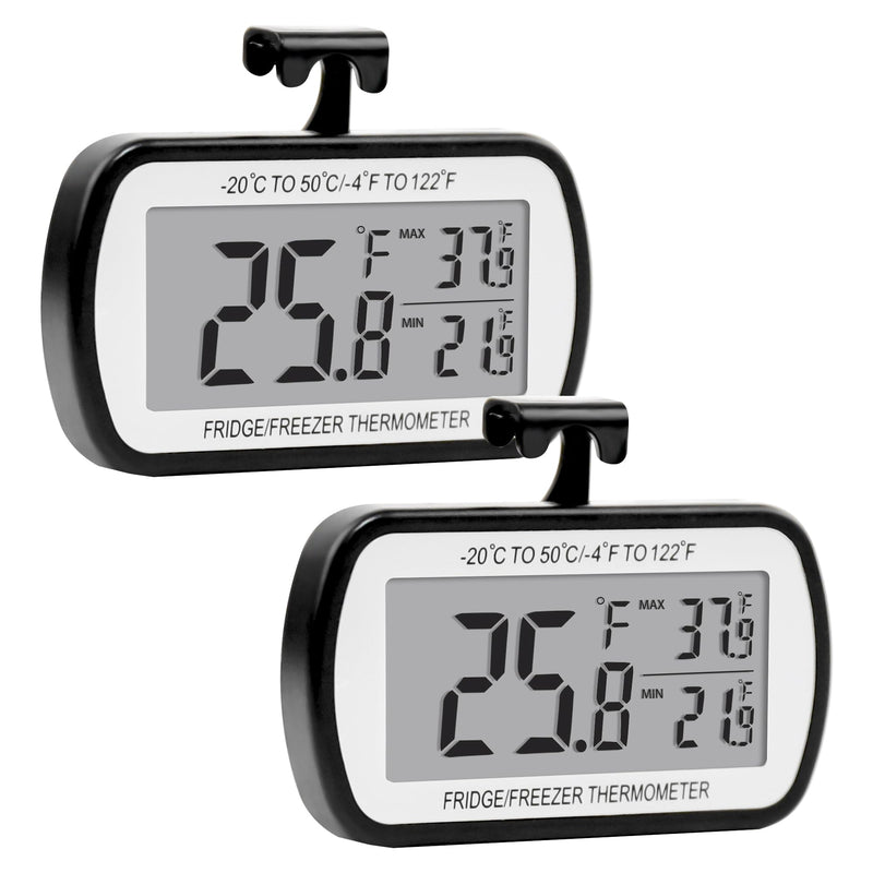 2 Pack Refrigerator Fridge Thermometer Digital Freezer Room Thermometer Waterproof Large LCD Display Max/Min Record Function-Black Black