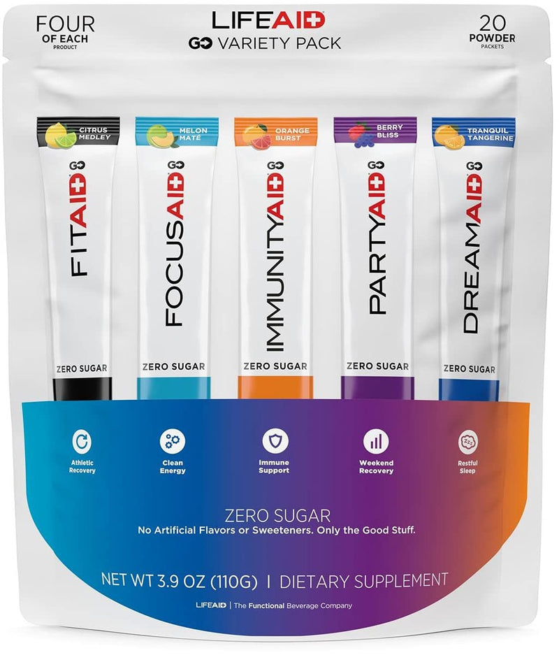 LIFEAID Rainbow Variety Pack Mix, Zero Sugar Packets (20 Packets) | All zero sugar travel powder stick sampler: Recovery, Focus, Immunity, & Sleep Aid. No artificial sweeteners or flavors. Variety (Rainbow Variety) 20 Servings