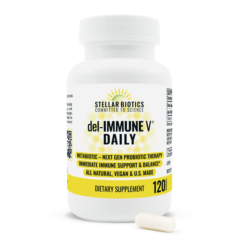 Del-Immune V® Daily by Stellar Biotics, All-Natural Immune Support & Gut Health, Immediate Care, Metabiotic: NextGen Probiotic Therapy (120 Caps) 120 Count (Pack of 1)