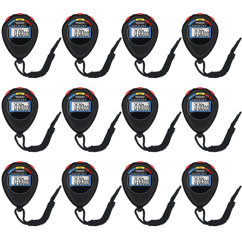 12 Pack Multi-Function Electronic Digital Sport Stopwatch Timer, Large Display with Date Time and Alarm Function,Suitable for Sports Coaches Fitness Coaches and Referees（Black） 12 - BeesActive Australia