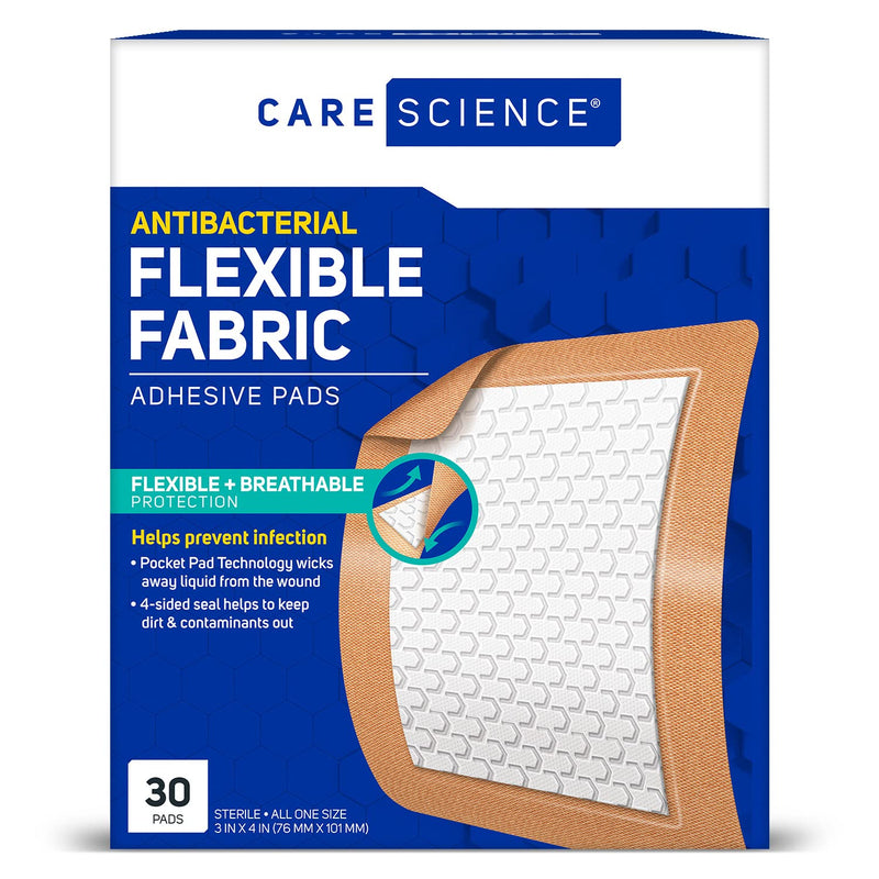 Care Science Fabric Adhesive Pad Bandages, 3x4 inches Extra Large Flexible Non-Stick Strip, Helps Prevent Infection, Breathable Protection, for First Aid & Wound Care, 30 Count - BeesActive Australia