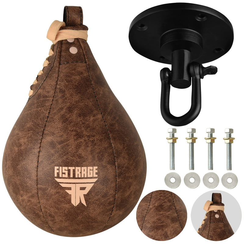 FISTRAGE Speed Bag Boxing Ball Leather MMA Muay Thai Training Punching Dodge Striking Kit with Free Hanging Swivel Workout Speedball Kicking Platform Equipment Vintage Beige