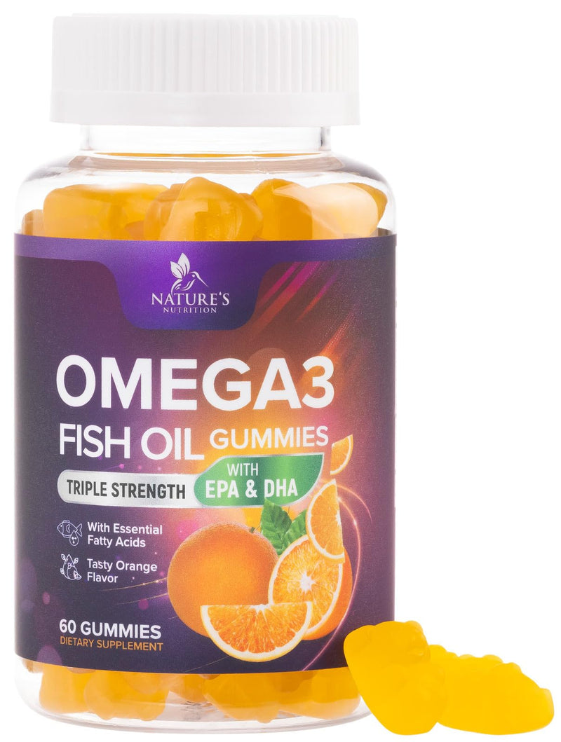 Omega 3 Fish Oil Gummies - 3X Strength Heart Health Support, High Absorption Omega 3 Fish Oil Gummy Supplement with DHA & EPA, Joint & Brain Support for Adults, Delicious Orange Flavor- 60 Gummies 60 Count (Pack of 1)