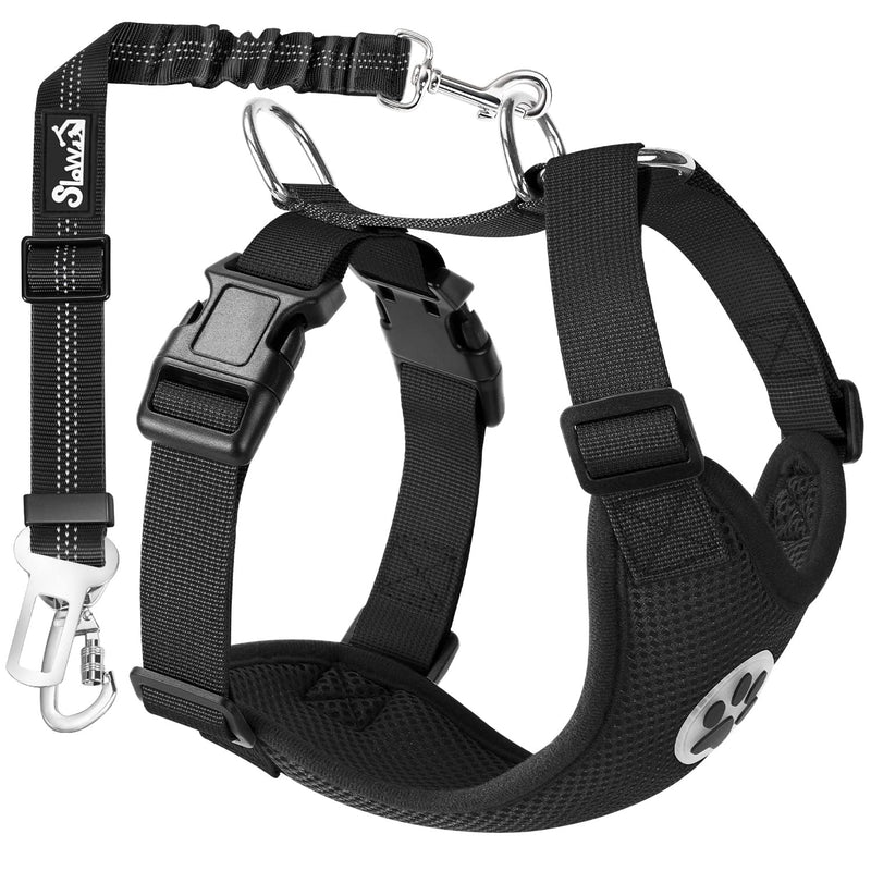 SlowTon Dog Seat Belt Harness for Car, Dog Car Harness Adjustable Mesh Breathable & Dog Seatbelt Safety Tether with Elastic Bungee for Small Medium Large Pets(Black, Double Clip, M) A-Black - BeesActive Australia
