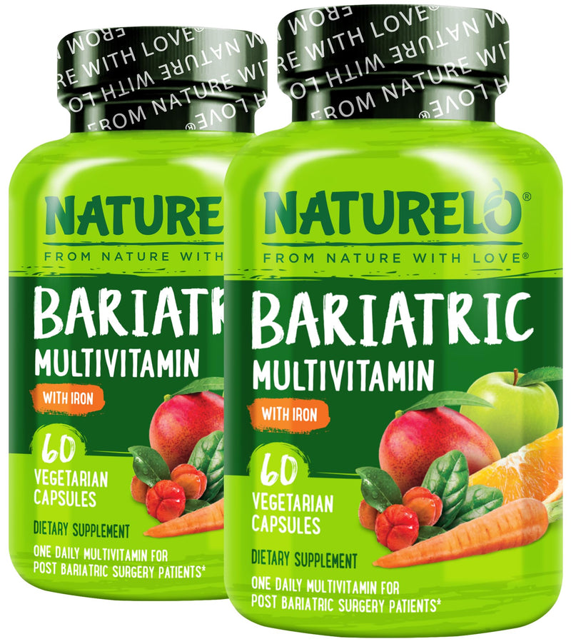NATURELO Bariatric Multivitamin with Iron, 60 Veggie Capsules, 2 Pk | One daily, for post gastric bypass surgery patients and bariatric surgery patients, natural whole food nutrition 60 Count (Pack of 2)
