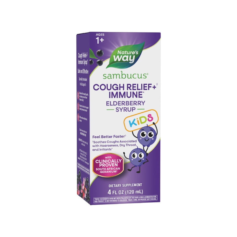 Nature's Way Sambucus Kids Cough Relief +(1) Immune Syrup*, Vegan, 4 Fl Oz | Feel Better Faster(1), Clinically Proven South African Geranium, with Elderberry Extract, Vitamin C & Zinc, Gluten Free 4 Ounce