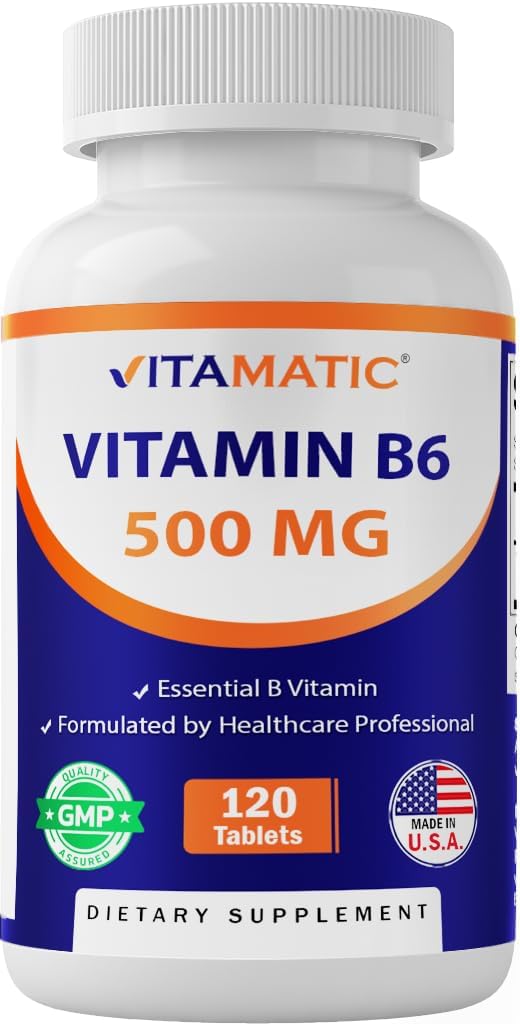 Vitamatic Vitamin B6 500 mg Tablets, 120 Count, Pyridoxine HCl | High Potency Vitamin B6, Supports Energy Metabolism and Nervous System*, Non-GMO, Gluten Free, GMP Certified 120 Count (Pack of 1)