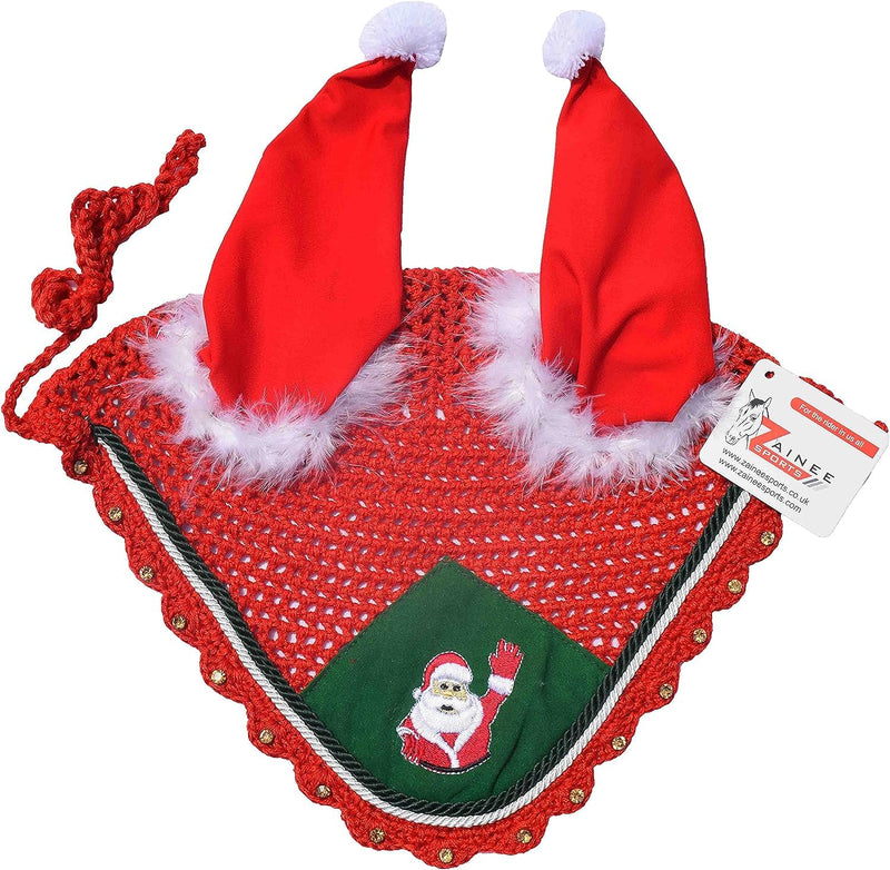 Santa Claus Christmas Horse Fly Bonnet Net Hat Hood Mask Fly Veil Full Hand Made Cotton Full (Red, Pony) Red - BeesActive Australia