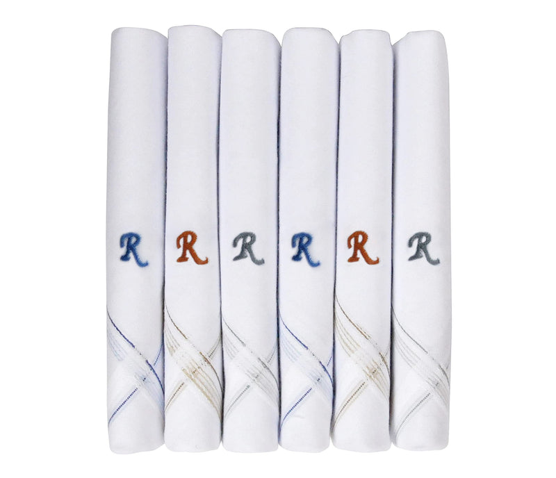 Caruso Italy Men's Initial Monogram Embroidery 100% Pure Cotton Handkerchief White Base With Colored Border - Pack Of 6 Ie-r - BeesActive Australia