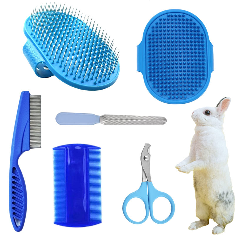 6Pcs Rabbit Grooming Kit Included Rabbit Grooming Brush, Pet Hair Remover, Pet Shampoo Bath Brush, Double-Sided Pet Comb，Pet Nail Clipper and Trimmer for Rabbit Hamster Bunny and Guinea Pig, Blue - BeesActive Australia