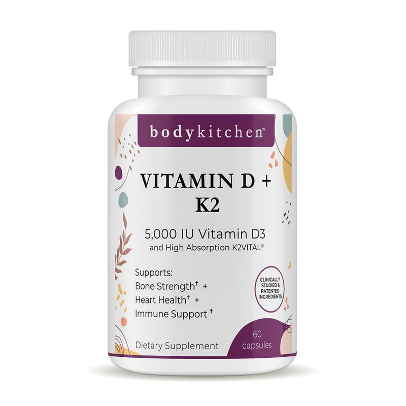 Body Kitchen Vegan Vitamin D3 + K2 MK7 5000 IU Supplement, 60 Caps | Bone and Heart Health, Non-GMO, 5000 IU Vitamin D & 180 mcg Vitamin K2 MK-7, Easy to Swallow Veggie Caps