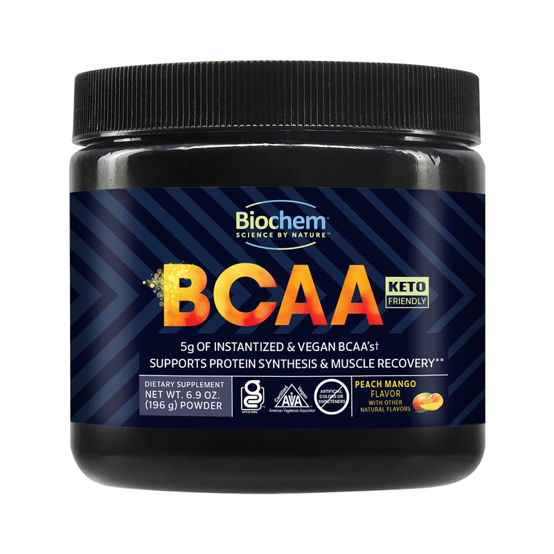 Biochem Vegan BCAA Powder, Peach Mango, Workout Recovery, 30 Servings | 5 g instantized 2:1:1 blend of L-leucine, L-isoleucine and L-valine to support protein synthesis and muscle recovery