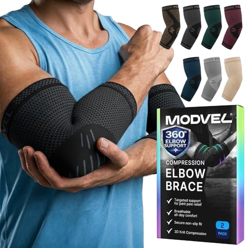 Modvel 2 Pack Elbow Brace for Tendonitis and Tennis Elbow Brace for Women and Men, Elbow Compression Sleeve for Pain Relief and Recovery – Elbow Sleeves Weightlifting Men, Sports & Workout, Arm Brace Black Medium