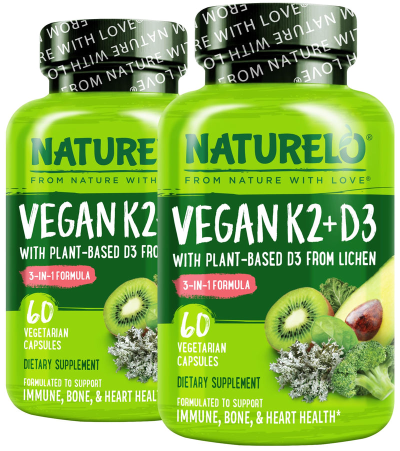 NATURELO Vitamin D3 K2 - Vegan K2+D3 with Plant Based D3 from Lichen - Natural D3 Supplement for Immune System, Bone Support, Heart Health - Whole Food - Non-GMO - Gluten Free, 60 Capsules (Pack of 2) Unflavored 60 Count (Pack of 2)