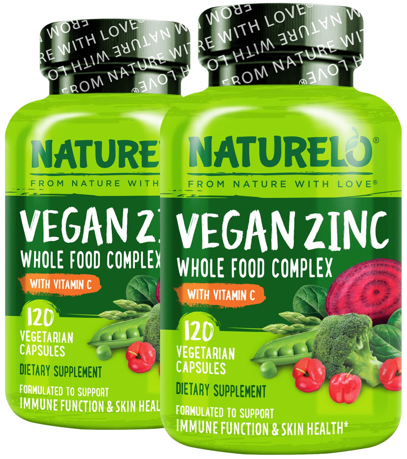 NATURELO Vegan Zinc Immune Support Capsules with Vitamin C 120 Capsules 2Pk | Whole food complex, for healthy skin, hair, and nails, immune system support Unflavored 120 Count (Pack of 2)