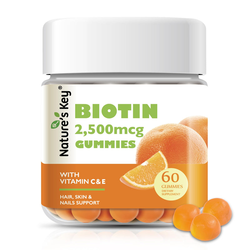 Nature's Key Biotin Gummies with Vitamin C and E, Support Hair Nails Growth & Beautiful Skin for Women Men and Kids, Vegan, Orange Flavors 60 Count 60 Count (Pack of 1)