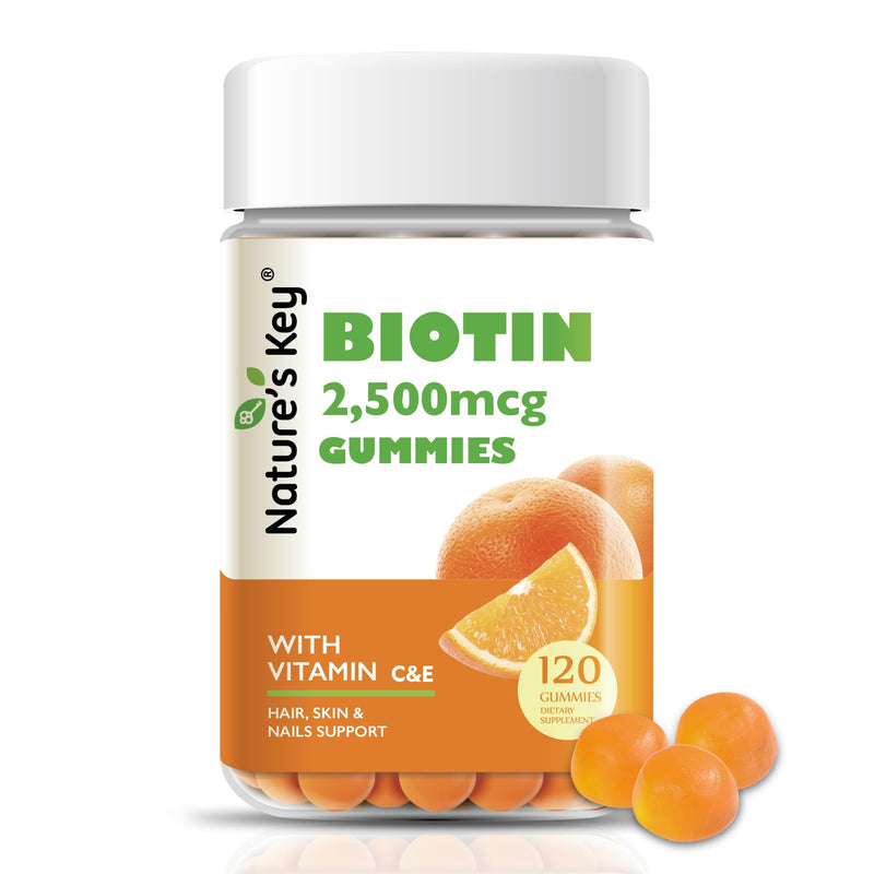 Nature's Key Biotin Gummies with Vitamin C and E, Support Hair Nails Growth & Beautiful Skin for Women Men and Kids, Vegan, Orange Flavors, 120 Count 120 Count (Pack of 1)