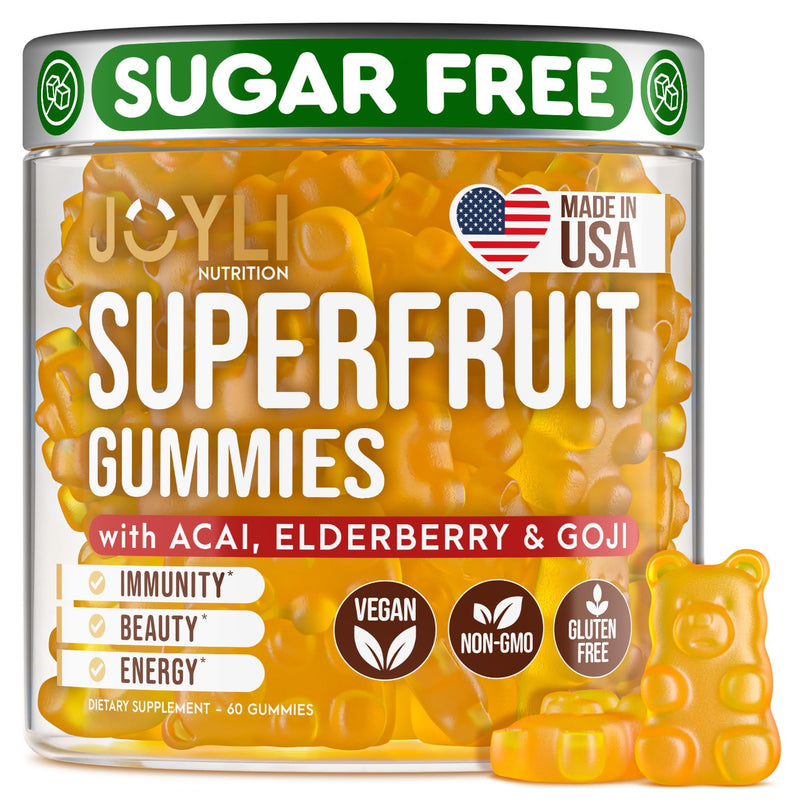 Joyli Superfruit Gummies - Sugar-Free Fruit Multivitamin Gummies for Adults - Natural Gummy Vitamins for Women & Men with Goji, Elderberry, Vitamins A, C, D & E - Supports Immunity, Digestion & Energy 60 Count (Pack of 1)