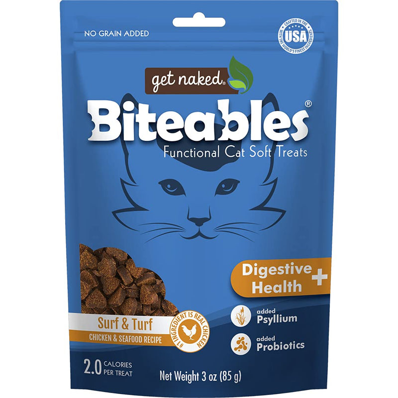 Get Naked Biteables Natural Soft Treats for Cats, Digestive Health Plus, Surf & Turf Recipe, 3 oz, 1 Pouch 3 Ounce (Pack of 1) - BeesActive Australia