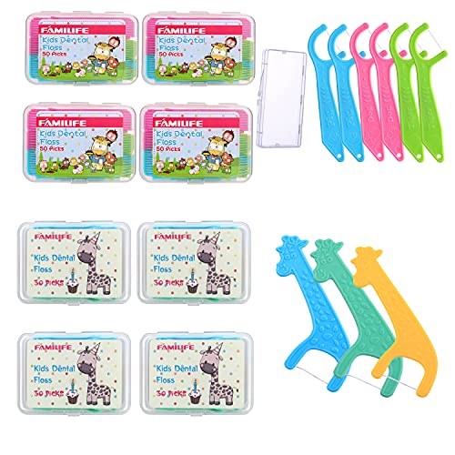FAMILIFE Kid's Dental Floss Picks Without Fluoride, 4 Travel Handy Cases Unflavored Flosser 120 Picks and 4 Travel Cases 200 Picks Animal Pattern