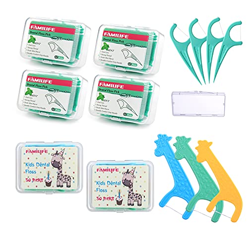 FAMILIFE Floss Picks Mint Dental Floss Picks with 4 Travel Handy Cases 240 Count Flossers and 204 Picks Kid's Dental Floss Picks Fluoride Free