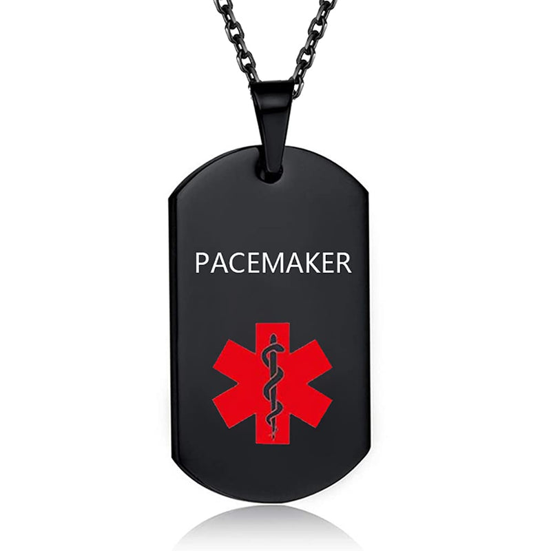 GMXLin Red Medical Alert Necklace for Men Women Stainless Steel Engraved Black Medical ID Tag Emergency Med Pendant with Chain PACEMAKER