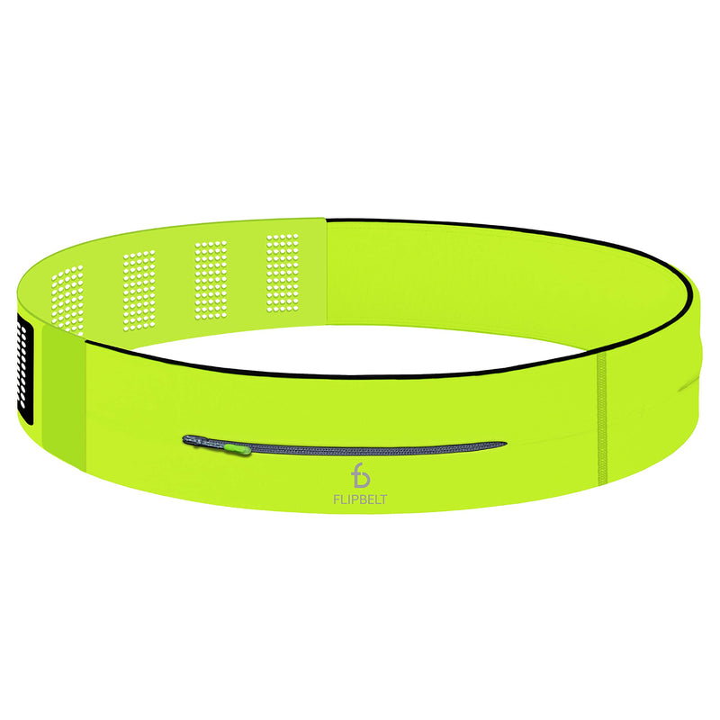 FlipBelt Adjustable Running Belt, Fitness and Running Fanny Pack for Women and Men, Non Chafing Waist Band Pack for Phone Keys Money, Moisture Wicking Storage Belt, USA Company Neon Yellow