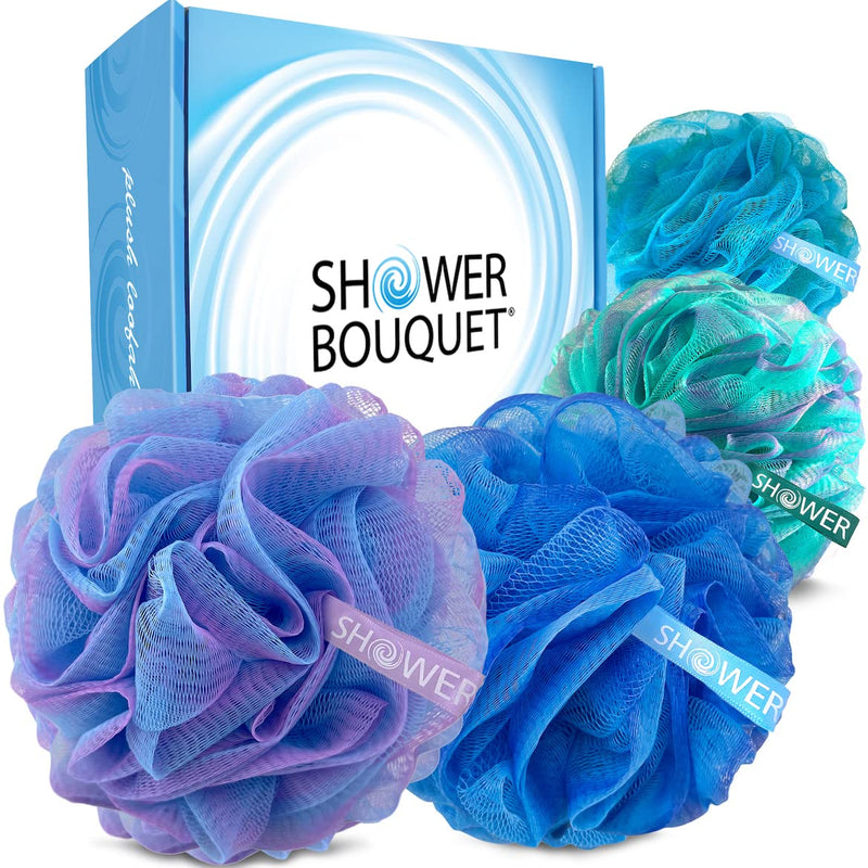 Loofah Bath-Sponge Swirl-Deep-Set-XL-75g by Shower Bouquet - Extra Large 4 Pack, Soft Mesh Net Luffa Loofa Loufa Puff - Exfoliating Body Scrubber for Women and Men: Soothing Face & Body Exfoliator Blue-lavender, Blue-green, Turquoise-blue, Green-lavender - BeesActive Australia