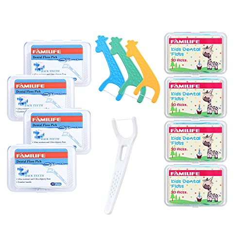 FAMILIFE Kid's Dental Floss Picks Without Fluoride,4 Travel Handy Cases Unflavored Flosser 120 Picks and Back Teeth Toothpicks Flossing Flossers Threaders Sticks with 4 Travel Handy Cases 120 Count