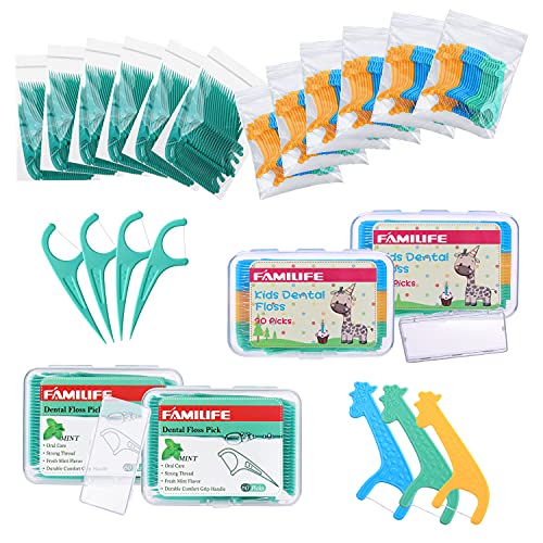FAMILIFE Dental Floss Picks Mint Flavor with Portable Travel Cases Floss Refill, 420 Count (Pack of 8) Visit and Kid's Portable Travel Cases Refills Pack 204 Picks