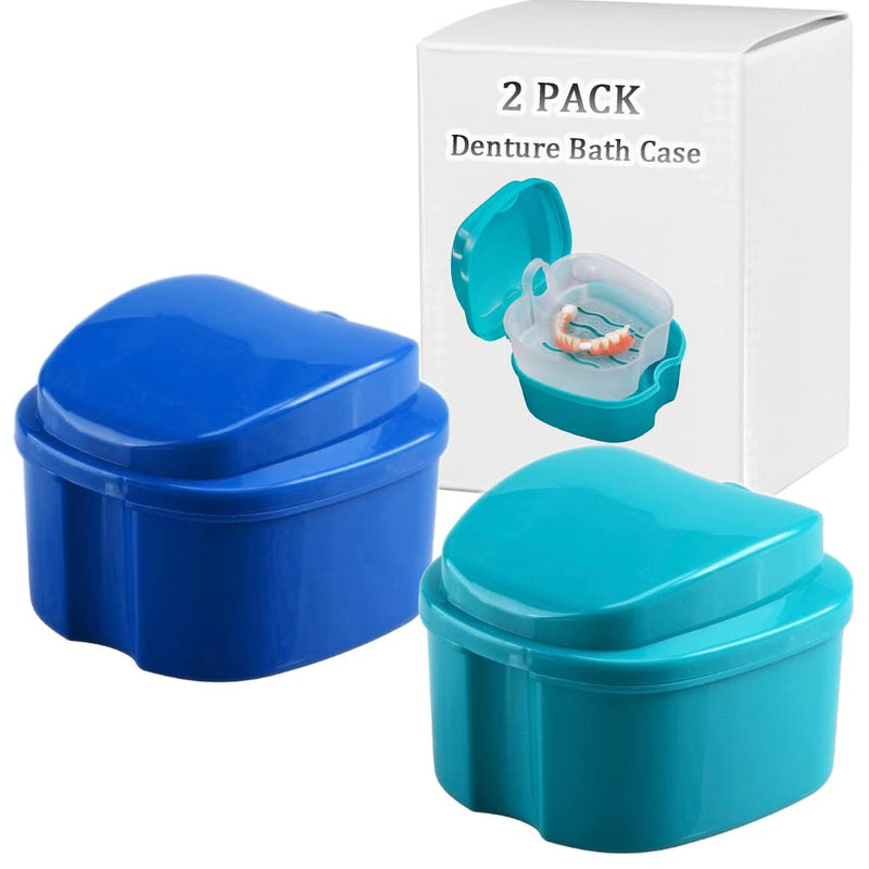 Denture Bath Box Cup, Complete Clean Care for Dentures, Clear Braces, Mouth Guard, Night Guard & Retainers, Traveling (Navy Blue & Blue) Navy Blue & Blue