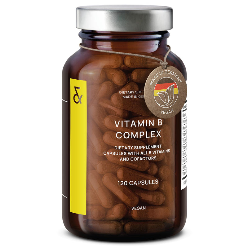 CLAV® Vitamin B Complex, All 8 B Vitamins, High Strength, 120 Capsules | For Energy, Nervous System & Reduced Tiredness, with B1, B2, B3, B5, B6, B12, Myo-Inositol & Choline, in Amber Glass, Vegan