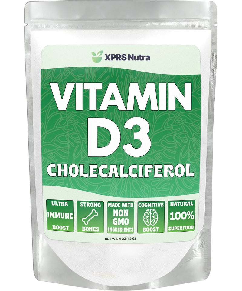 XPRS Nutra Vitamin D3 Powder (Cholecalciferol) - Unflavored VIT D for Bones and Immunity - Vitamin for Muscle Function - Vitamin D Powder Supplements (4 Ounce) 4 Ounce (Pack of 1)