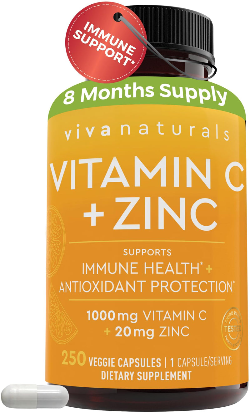 Viva Naturals Vitamin C and Zinc Supplements 1000mg - Zinc 20mg (250 Veggie Capsules) - High-Potency & Vitamin C with Zinc for Immune Support - Non-GMO, Gluten Free (8 Months Supply) Vitamin C + Zinc 250 Count (Pack of 1)