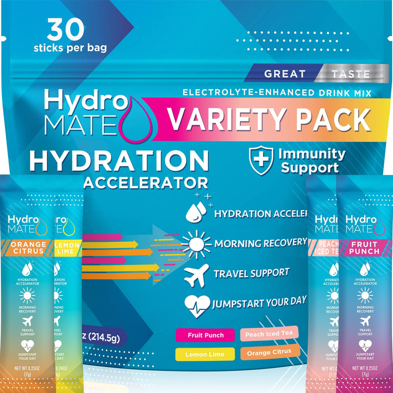 NatureWorks HydroMATE Electrolytes Powder Drink Mix Packets Hydration Accelerator Low Sugar Rapid Party Recovery Plus Vitamin C Variety Pack 30 Count 30 Count (Pack of 1) - BeesActive Australia