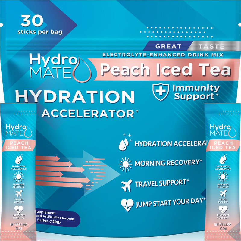 HydroMATE Electrolyte Powder Peach Tea Hydration Packets Low Sugar 30 Count Peach Iced Tea 30 Count (Pack of 1)