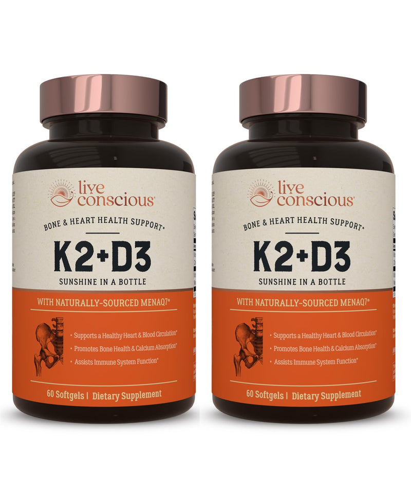 Live Conscious Vitamin K2 MK7 with D3 Supplement | Bone & Heart Health Support - Patented Vitamin K & Vitamin D3 5000 IU (2-Pack) 60 Count (Pack of 2)