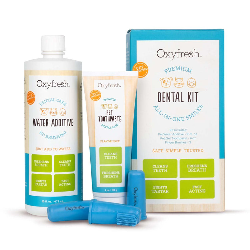 Oxyfresh Premium Pet Dental Kit for Dogs & Cats – Easy Solution for Dog and Cat Fresh Breath, Clean Teeth, Control Plaque & Tartar – Vet Formulated Pet Toothpaste 4oz + Water Additive 16oz Kit Large Kit - PawsPlanet Australia