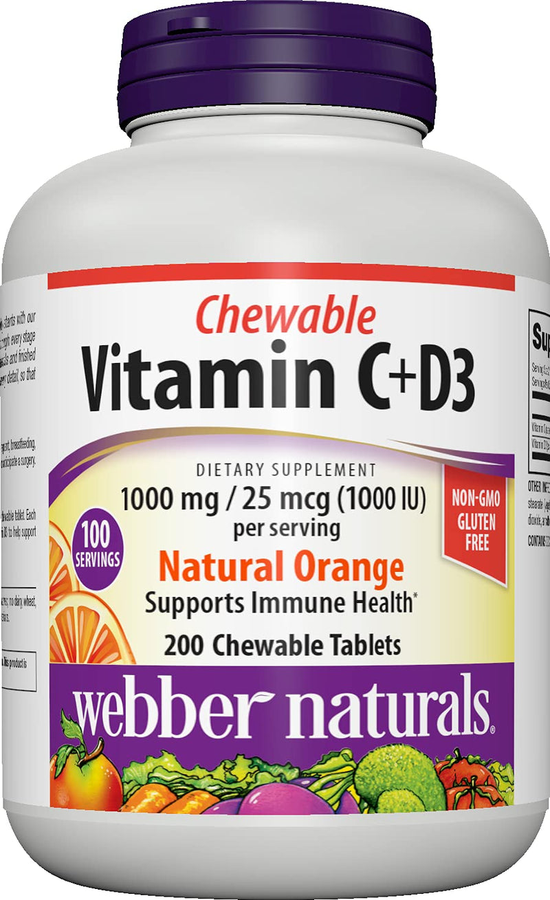 Webber Naturals Chewable Vitamin C 1000mg + D, Orange Flavor, 200 Tablets | With Vitamin D3 1000IU per Serving, Supports Bones, Teeth & Immune Health, Non-GMO, Dairy & Gluten Free