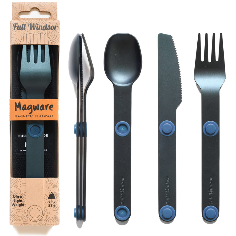 MAGWARE Magnetic Camping Utensils Set - Portable & Reusable Metal Travel Flatware with a Case for Camping, Picnic, Office & Kid's Lunchbox | Camping Cutlery Set | Knife, Fork & Spoon (3 PCS) Blue - BeesActive Australia