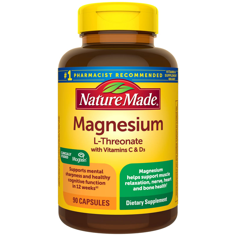 Nature Made Magnesium L-Threonate with Vitamin C & Vitamin D3, 90 Capsules | Provides 130 mg of Mag from 1800 mg Magnesium L Threonate, Cognitive Support Magnesium Supplement, 30 Day Supply 90 Count (Pack of 1)