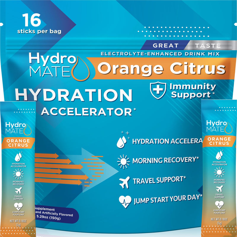 HydroMATE Electrolytes Powder with Low Sugar - 16 Instant Hydration Packets with Vitamin C Orange to Boost Energy - Low Sugar Electrolytes Powder Packets to Support Hydration for Fast Party Recovery 16 Count (Pack of 1)