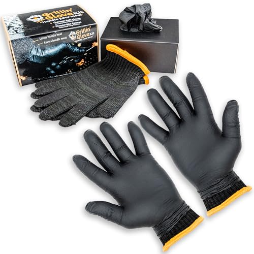 Grilling Glove Kit – Thermal Knit Liners Made in the USA – Diamond Textured Nitrile Covers – Oven Mitts for BBQ, Smoking Meat, and Barbecue Food Prep
