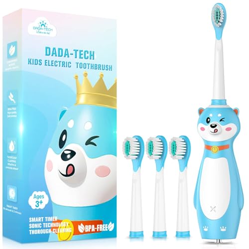 DADA-TECH Kids Electric Toothbrush Rechargeable, Sonic Silicone Teeth Brush with Timer for Children Boys Girls Ages 3+, 3 Modes with Memory, 4 Soft Brush Heads (Blue Shiba Inu Dog) Blue