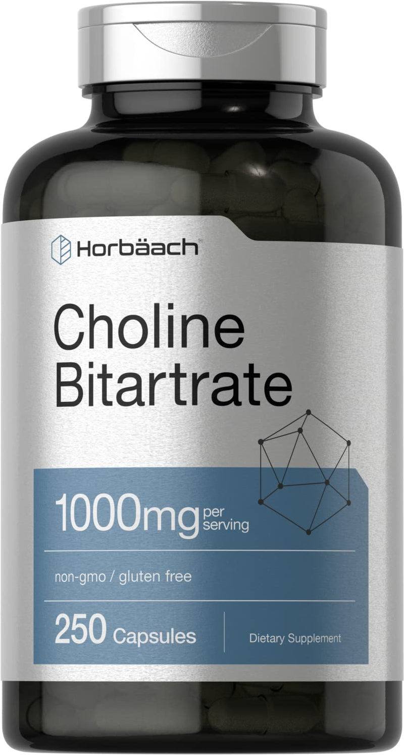 Horbaach Choline Bitartrate Supplement | 1000mg | 250 Capsules | High Potency | Non-GMO, Gluten Free