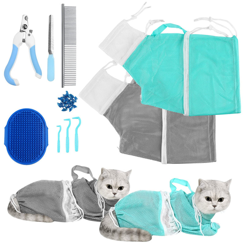 JULMELON Cat Washing Bag 10 PCS Set, Adjustable Cat Shower Net Bag and Pet Grooming Brush with Nail Clipper Nail File Hair Combs Tick Tool Nail Caps for Bathing Nail Trimming Examination（Grey+Green） Grey+Green - BeesActive Australia
